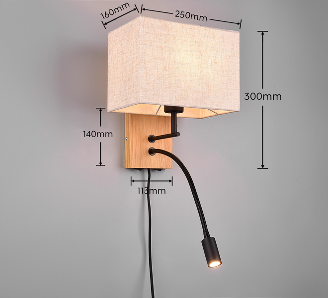 Seinävalaisin TRIO Nilam kiinteä led+E27 25 cm luonnonpuu/valkoinen
