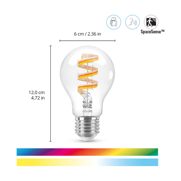 Led-filamenttilamppu WiZ E27 470lm 6,3W A60 2200-6500K RGB lasi