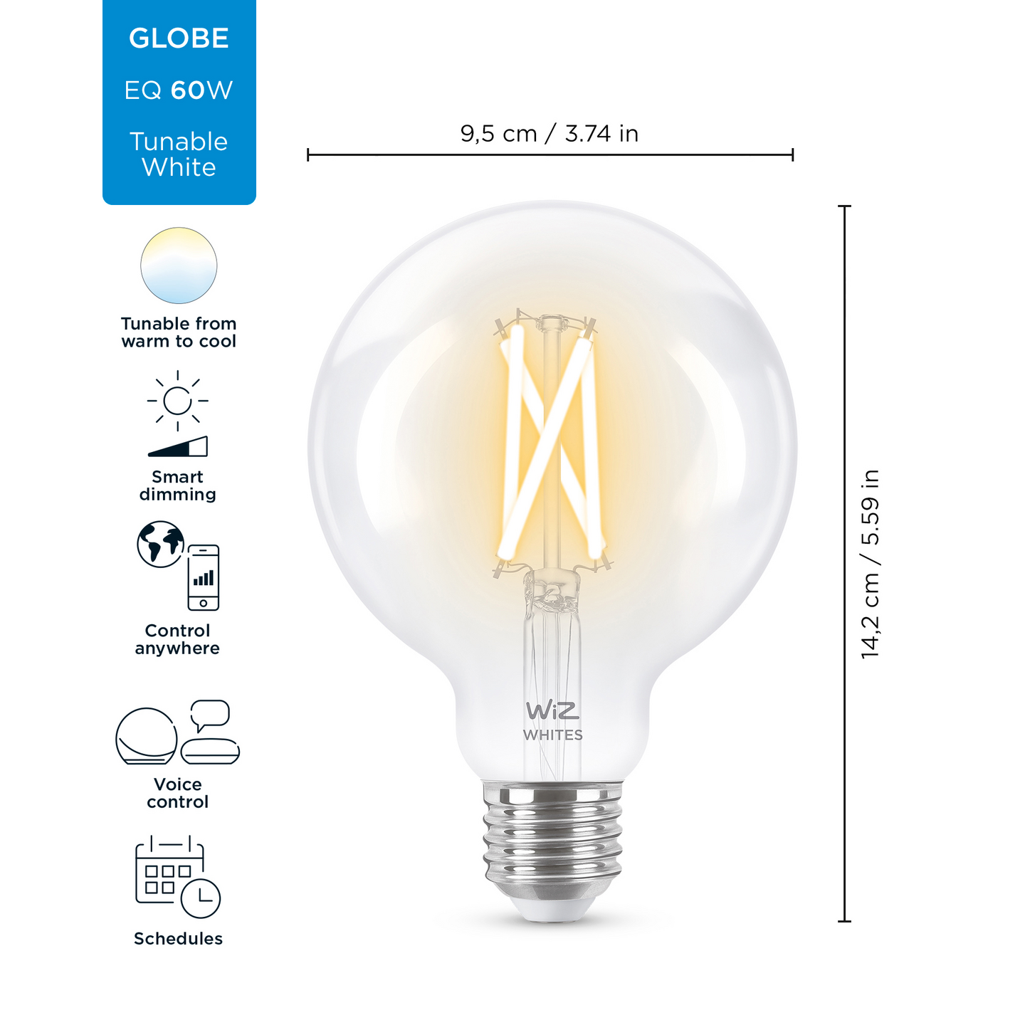 Led-lamppu WiZ Wi-Fi 7W E27 G95 927-65 Filament Tunable White kirkas