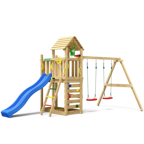 Leikkitorni Jungle Gym Safari sekä keinumoduuli ja sininen liukumäki