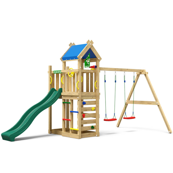 Leikkitorni Jungle Gym Nomad sekä keinumoduuli ja tummanvihreä liukumäki