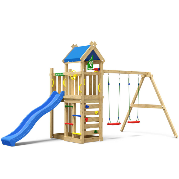 Leikkitorni Jungle Gym Nomad sekä keinumoduuli ja sininen liukumäki