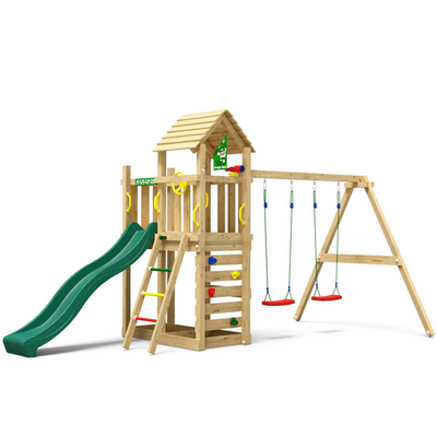 Leikkitorni Jungle Gym Safari sekä keinumoduuli ja tummanvihreä liukumäki