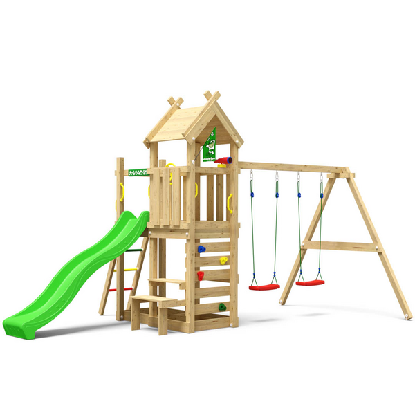Leikkitorni Jungle Gym Teepee, Swing Module ja vihreä liukumäki