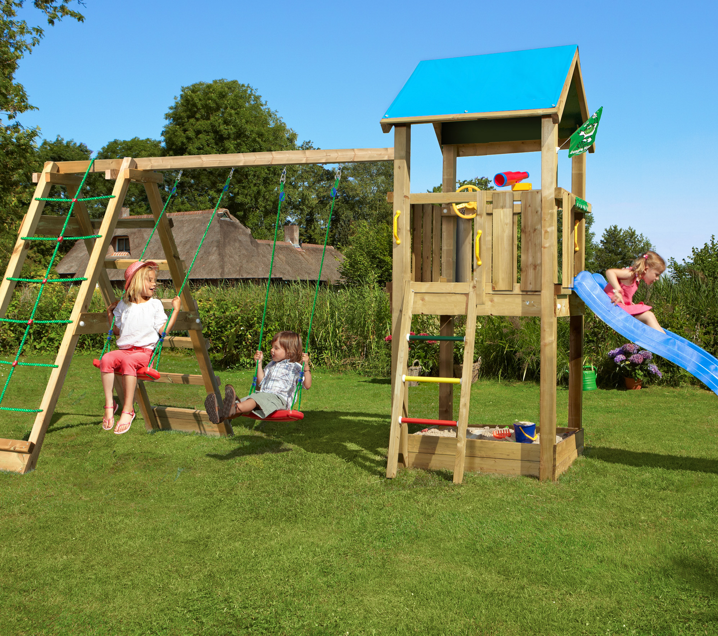 Leikkitorni Jungle Gym Castle ja Climb Module X'tra sekä liukumäki