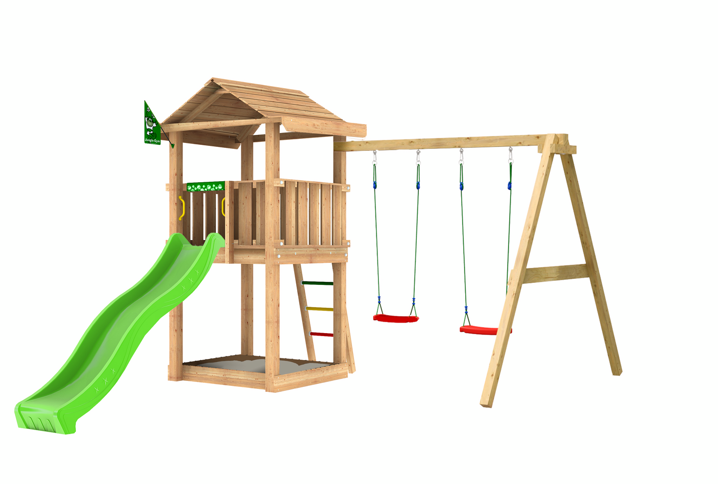 Leikkitorni Jungle Gym House ja Swing Module X'tra sekä liukumäki