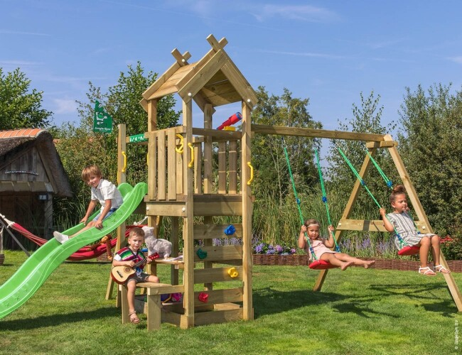 Leikkitorni Jungle Gym Teepee, Swing Module ja vihreä liukumäki