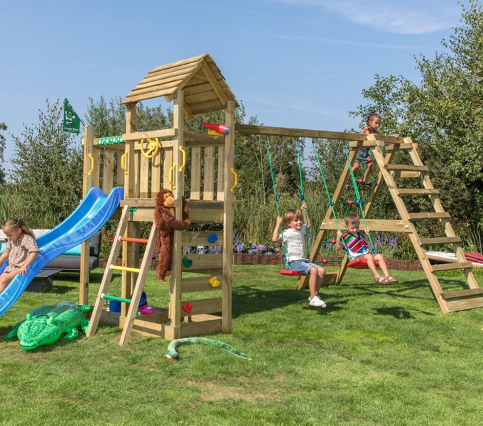 Leikkitorni Jungle Gym Safari sekä kiipeilymoduuli ja sininen liukumäki