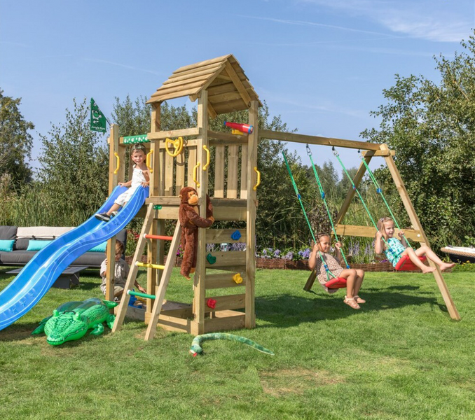 Leikkitorni Jungle Gym Safari sekä keinumoduuli ja sininen liukumäki