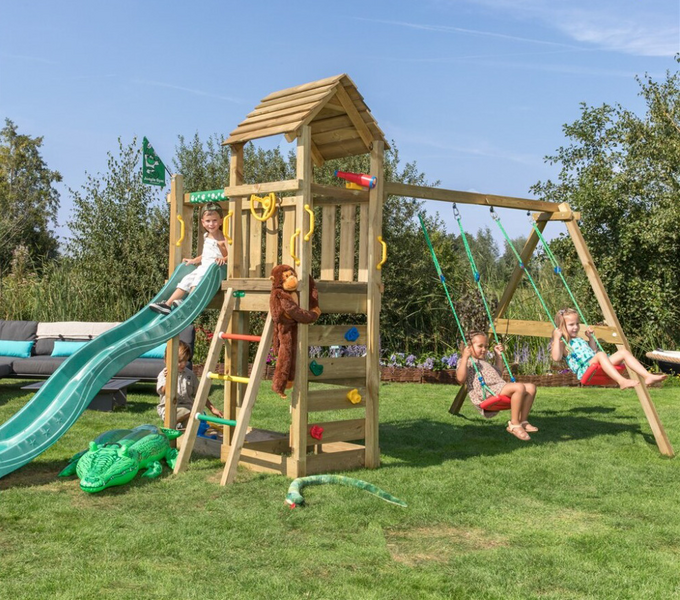 Leikkitorni Jungle Gym Safari sekä keinumoduuli ja tummanvihreä liukumäki