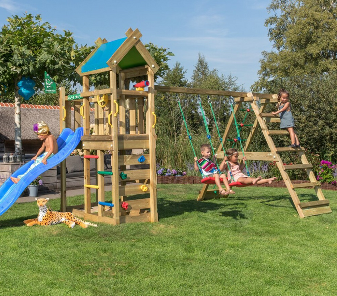 Leikkitorni Jungle Gym Nomad sekä kiipeilymoduuli ja sininen liukumäki