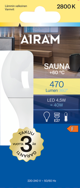 Led-saunalamppu Airam E27 470lm 2800K 4,5W OP