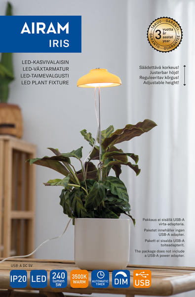 Kasvivalaisin Airam Iris 5W/835 240lm USB keltainen