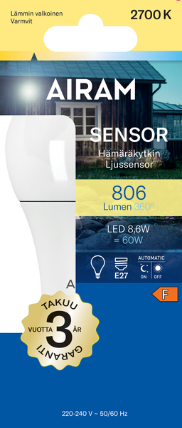 Led-vakiolamppu Airam Sensor 806lm E27 10W