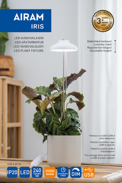 Kasvivalaisin Airam Iris 5W/835 240lm USB valkoinen
