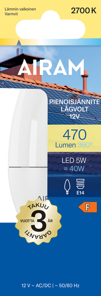 Led-kynttilälamppu Airam Solar 470lm 2700K E14 12V
