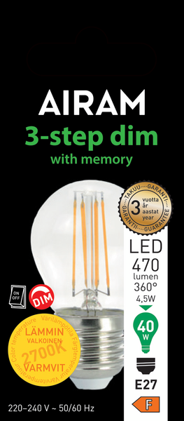 Led-koristelamppu Airam 3-step DIM 4,5W E27 470lm