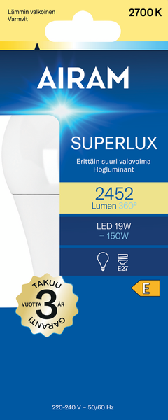 Led-superteholamppu Airam 2452lm E27 2700K 20W