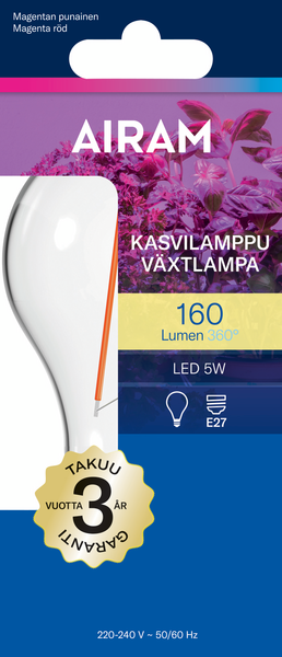 Led-kasvilamppu Airam vakio 160lm E27 5W kirkas filamentti