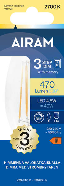 Led-kynttilälamppu Airam 3-Step DIM 4,5W E14 470lm