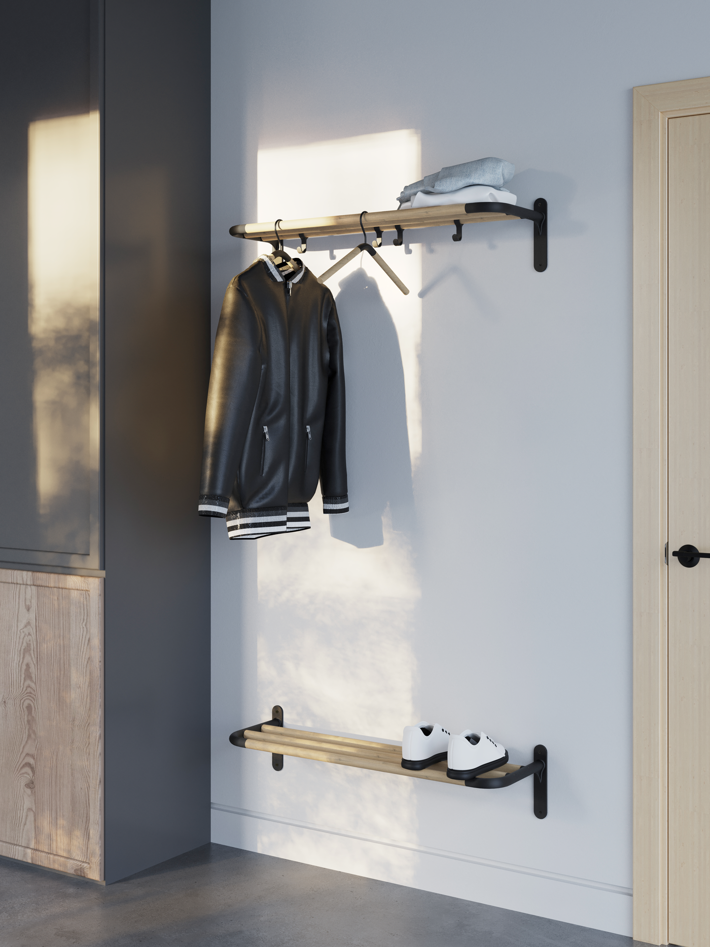 Hattuhylly Beslagsboden BB1701 mattamusta alumiini/pyökki 4 koukkua