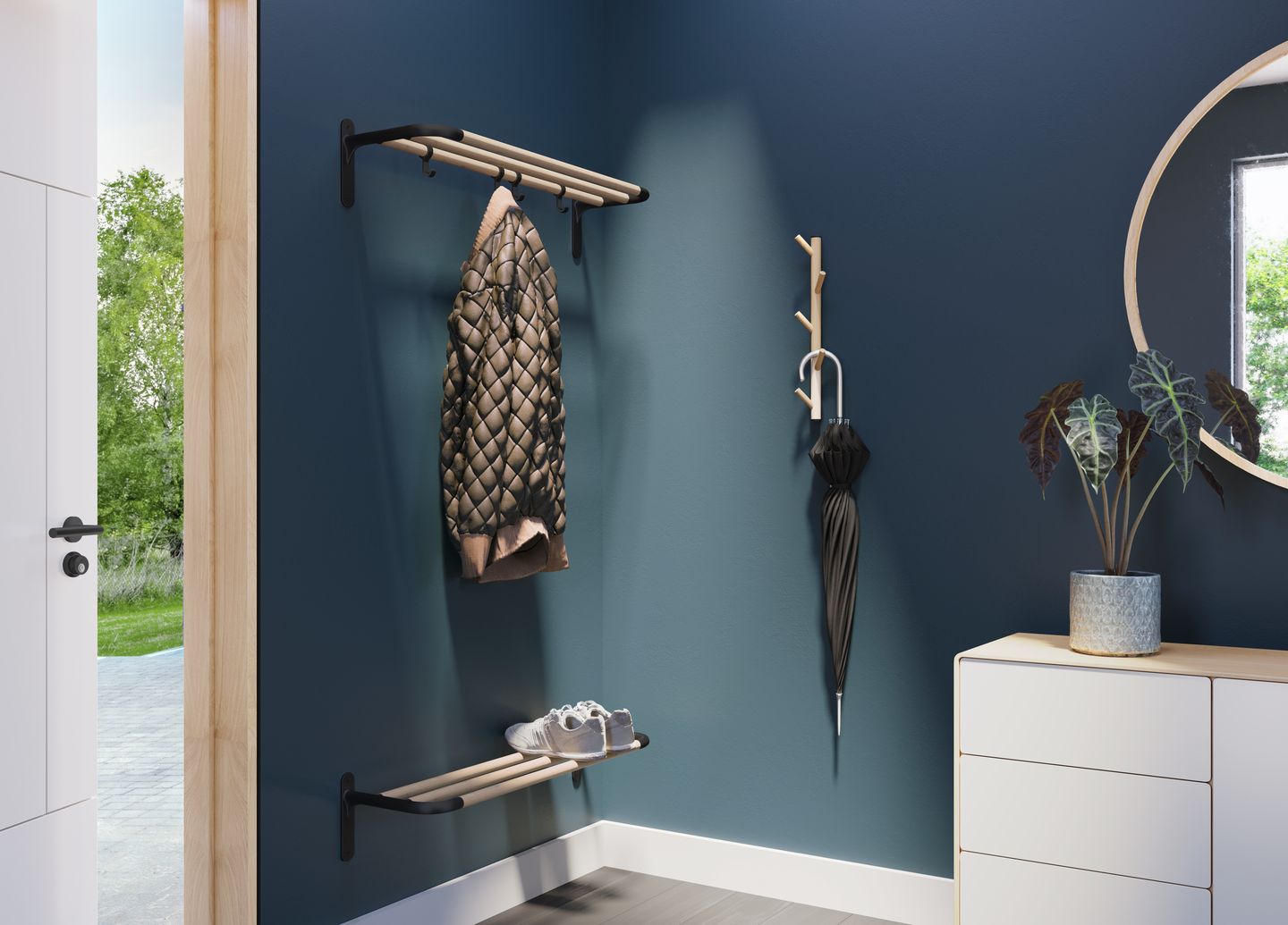 Hattuhylly Beslagsboden BB1701 mattamusta alumiini/pyökki 4 koukkua