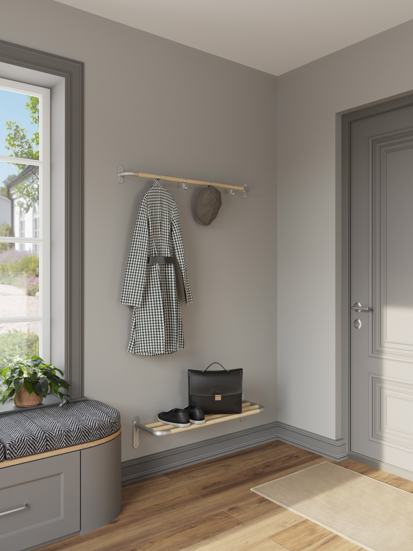 Koukkulista Beslagsboden B1700 mattaharmaa alumiini/pyökki 4 koukkua