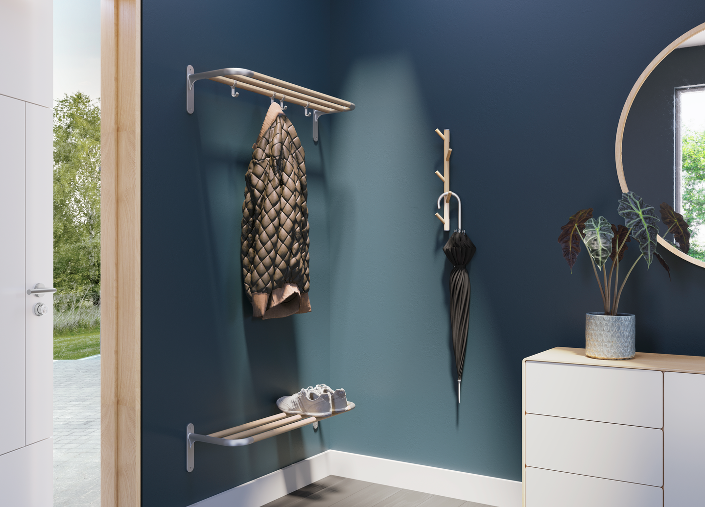 Hattuhylly Beslagsboden B1701 harmaa alumiini/pyökki 4 koukkua