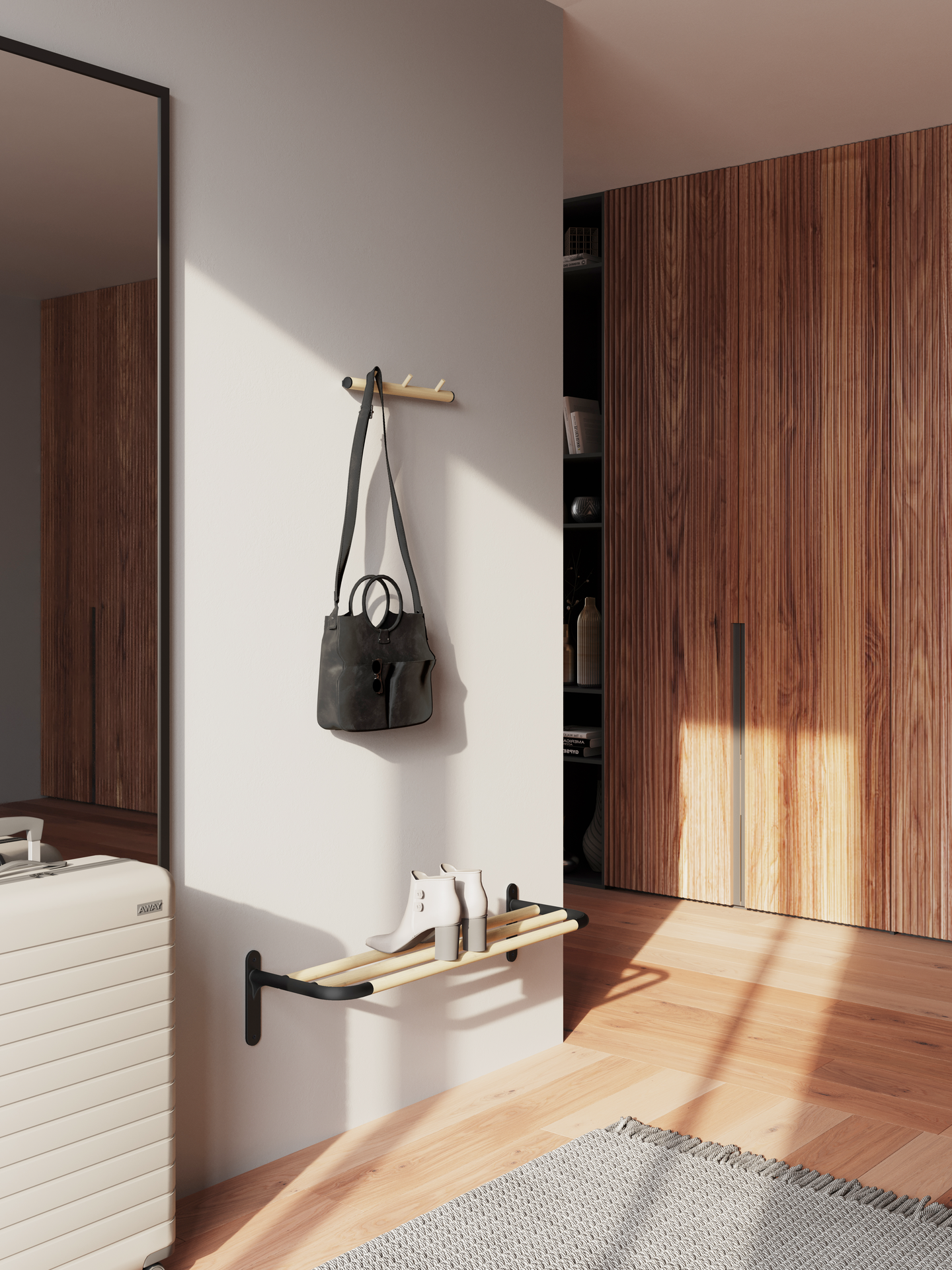 Koukkulista Beslagsboden BB1703 mattamusta alumiini/pyökki 3 koukkua