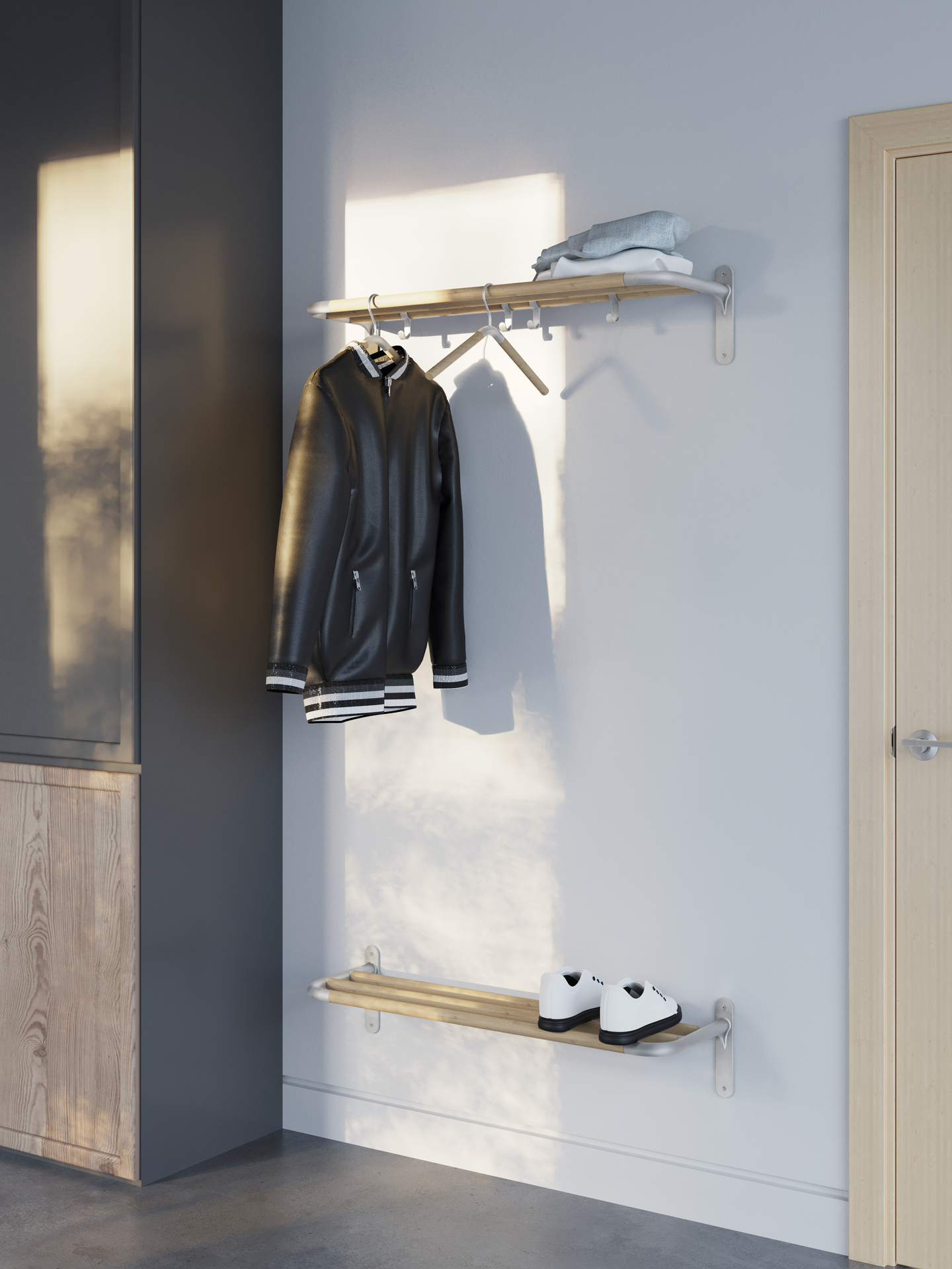 Hattuhylly Beslagsboden B1701 harmaa alumiini/pyökki 4 koukkua