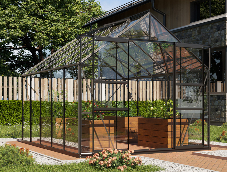 Kasvihuone Vitavia Mars 8300 karkaistu lasi, musta alumiinirunko, sokkelilla