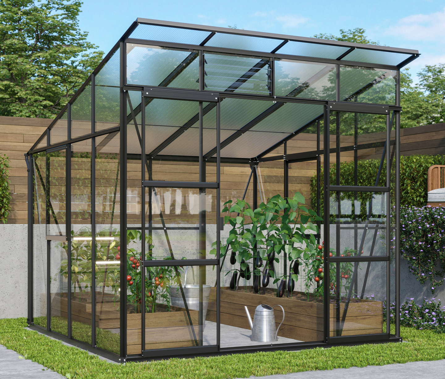 Kasvihuone Vitavia Freya 7600 karkaistu lasi/kennolevy, musta alumiinirunko