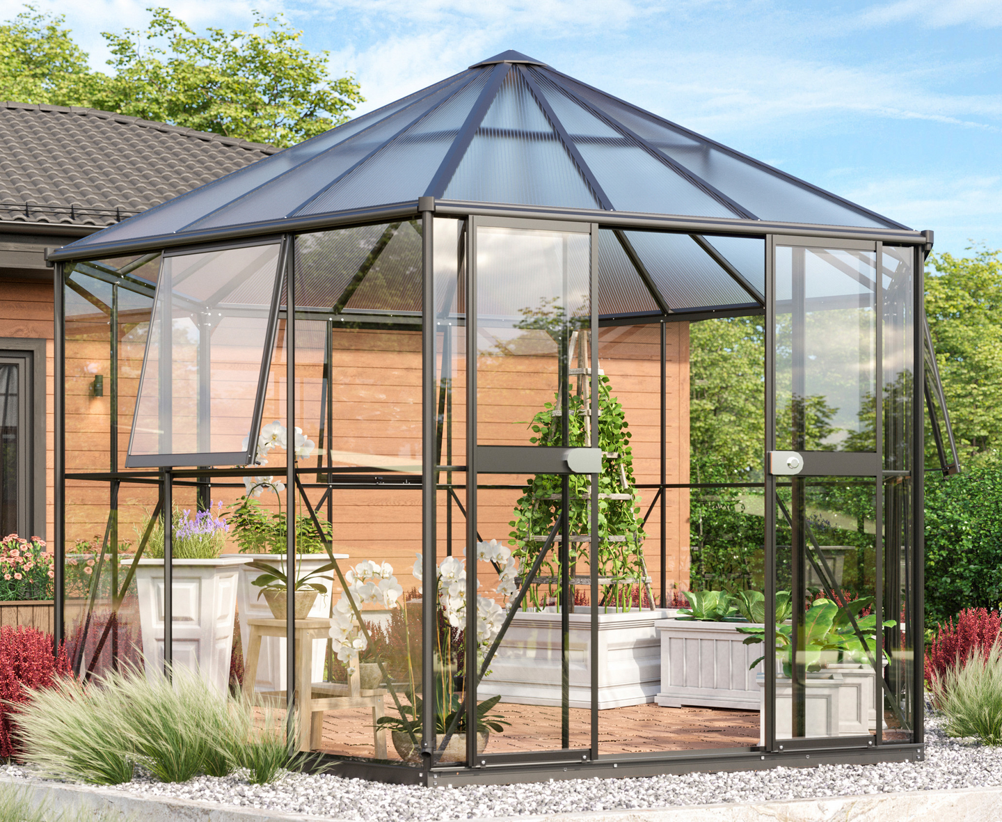 Kasvihuone Vitavia Hera 9000 karkaistu lasi kennolevy mustalla alu, sokkelilla