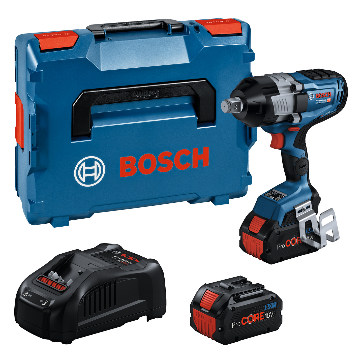 Akkuiskumutterinväännin Bosch GDS 18V-1600 HC 2x8,0Ah + GAL 1880 CV + GCY + LB