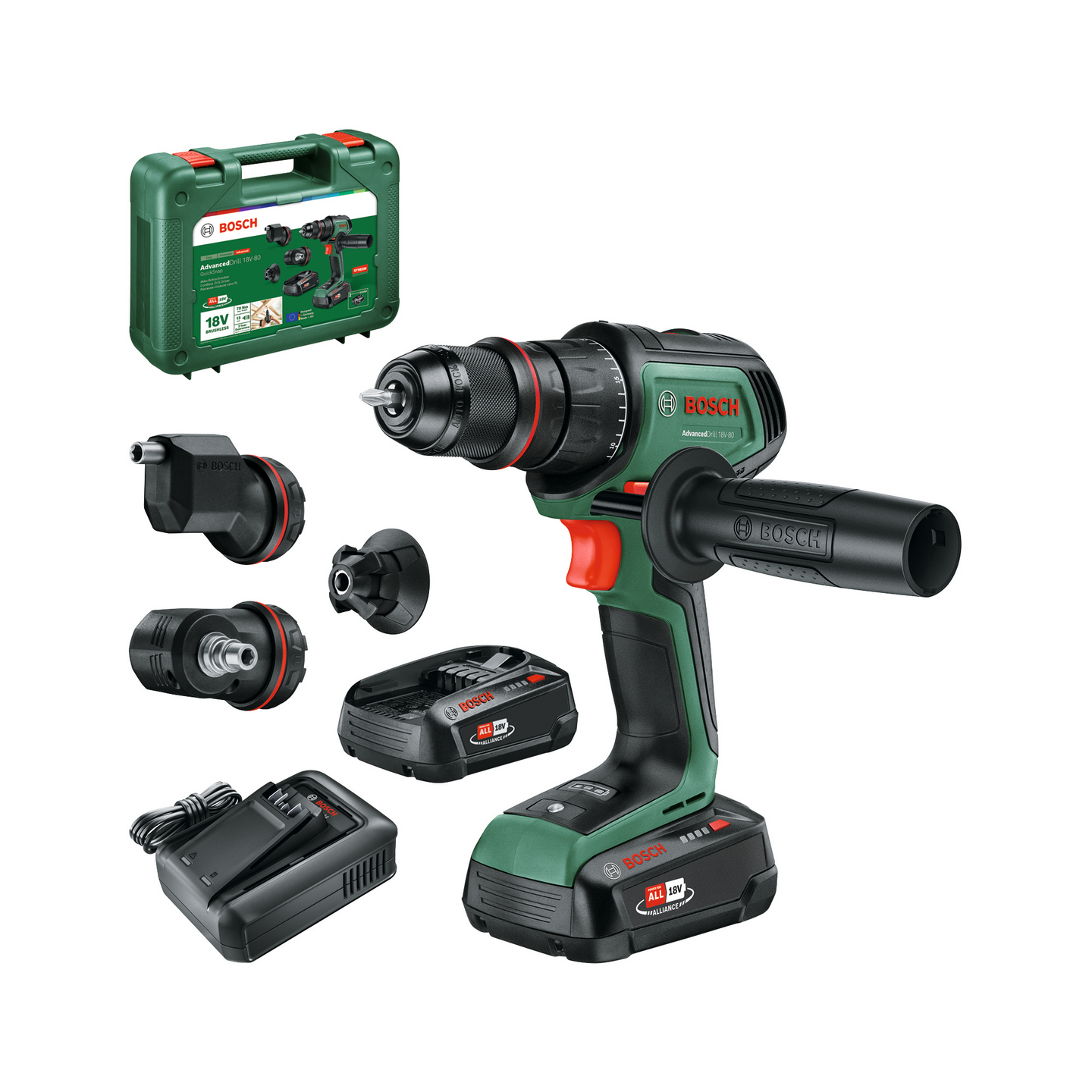 Akkuporakone Bosch AdvancedDrill 18V-80 QuickSnap 2x2,5Ah AL18V-44 + 3 istukkaa
