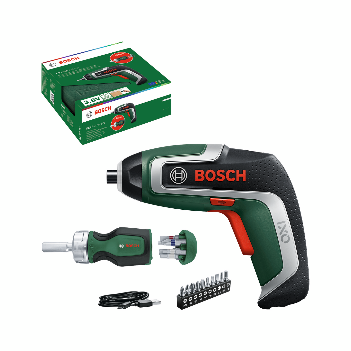 Akkuruuvinväännin Bosch IXO 7 + räikkäsarja