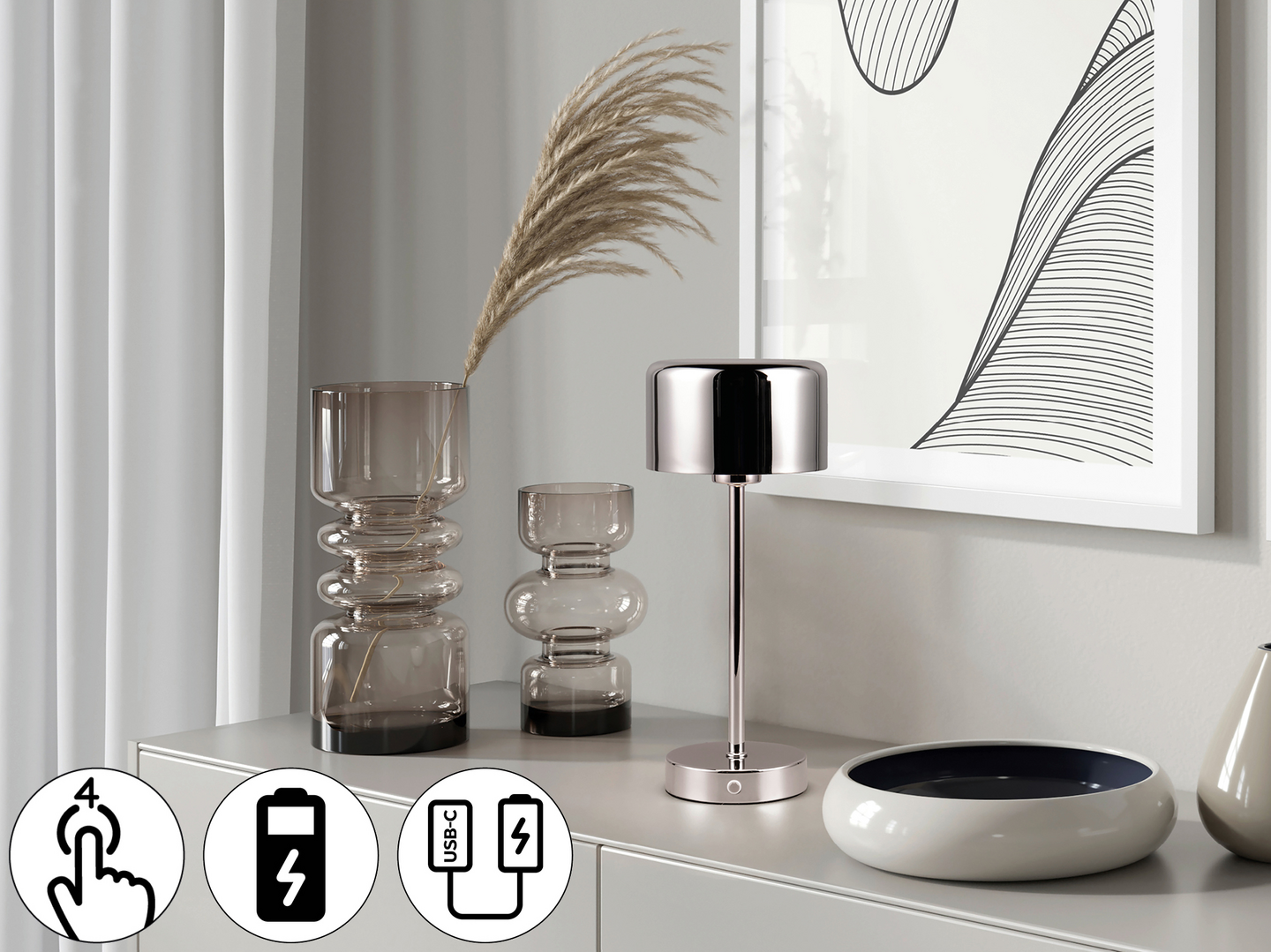 Pöytävalaisin TRIO Jeff led 1,5W 120lm kromi ladattava