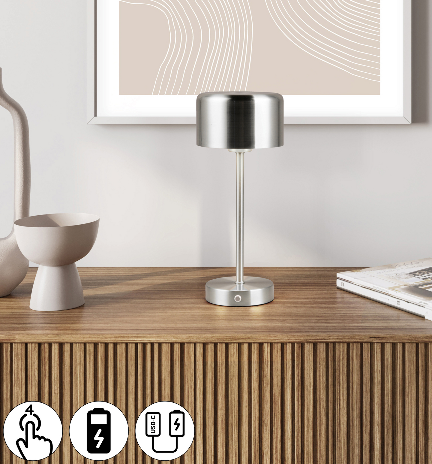 Pöytävalaisin TRIO Jeff led 1,5W 120lm harjattu teräs ladattava