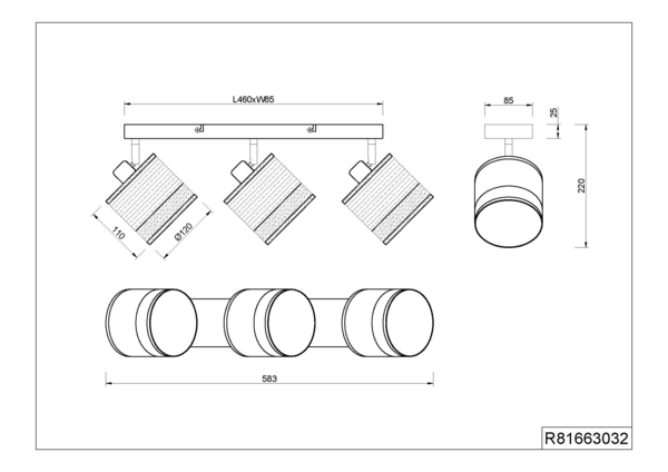 Kattospotti TRIO Bolzano 3-osainen E14 mattamusta