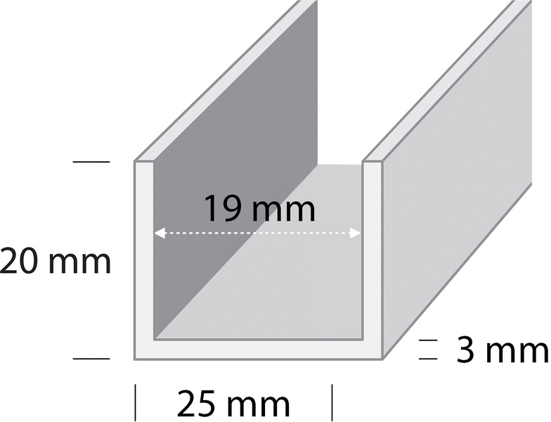 U-lista 20x20x3mm hopea-anodisoitu 1m U6 HE1