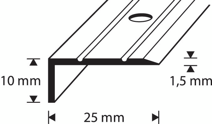 Askelkulmalista 25x10mm hopea-anodisoitu uritettu rei’itetty 1000mm
