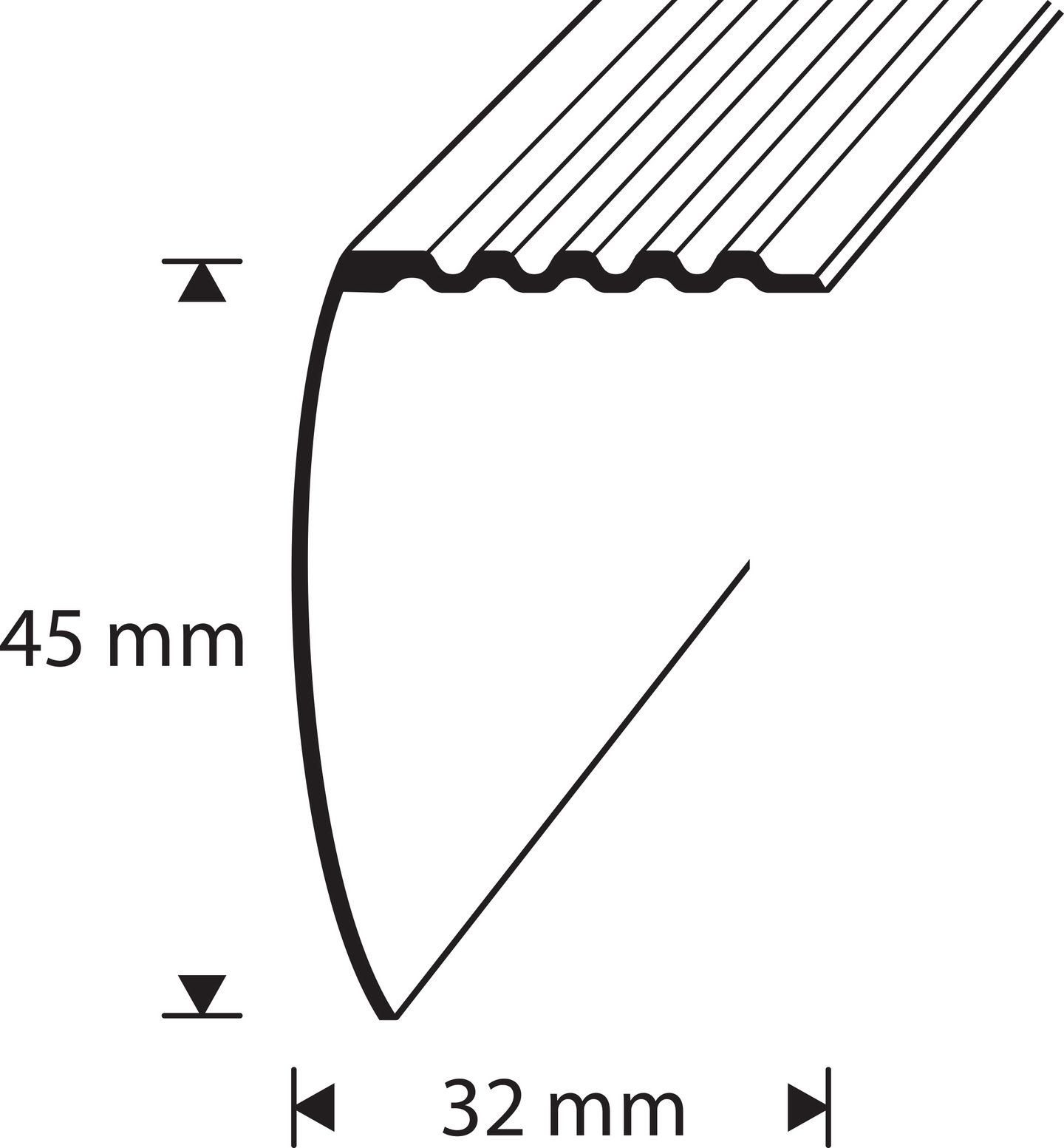 Askelkulmalista 32x45mm 2,7m kiillotettu alumiini uritettu reiätön 7324501-R