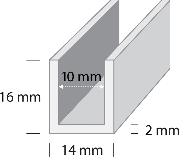U-lista 14x16x2mm hopea-anodisoitu 1m U2 HE1