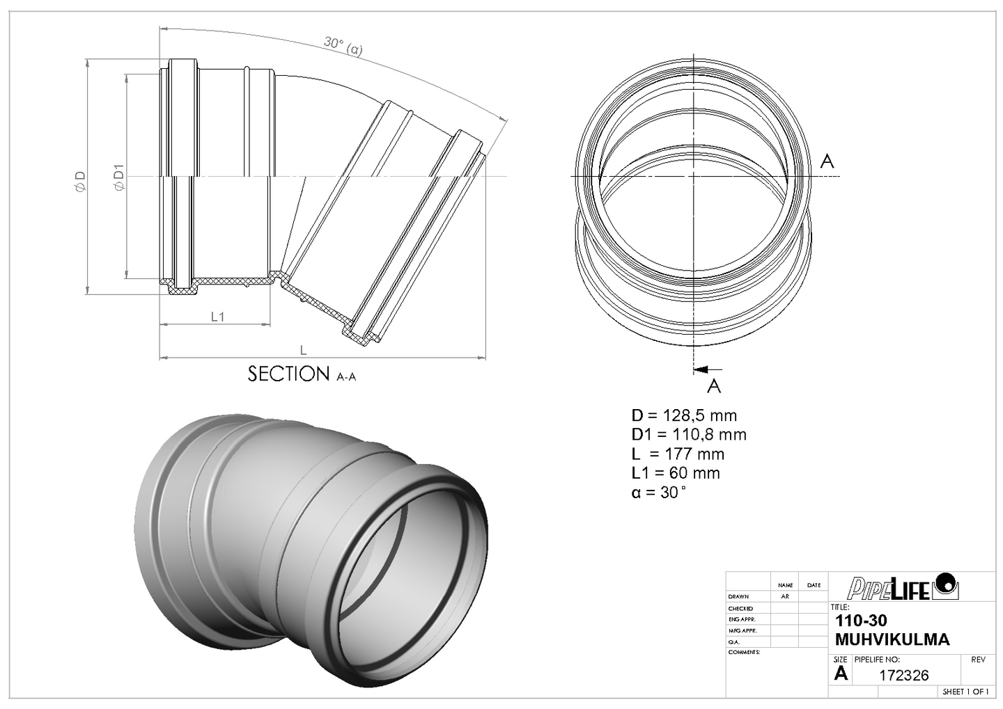 Viemärin Muhvikulma Pipelife 110x30 Pp
