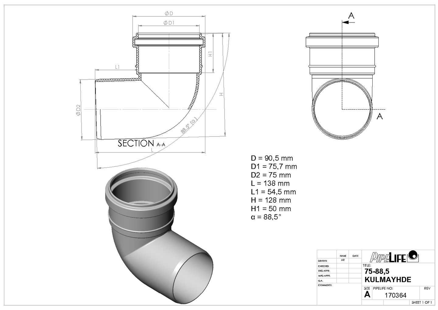 Ht Kulmayhde Pipelife 75x88,5 Pp