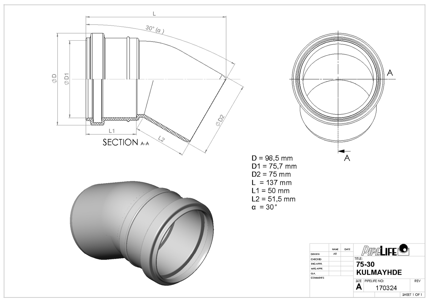 Kulmayhde Pipelife HT 75x30 Pp