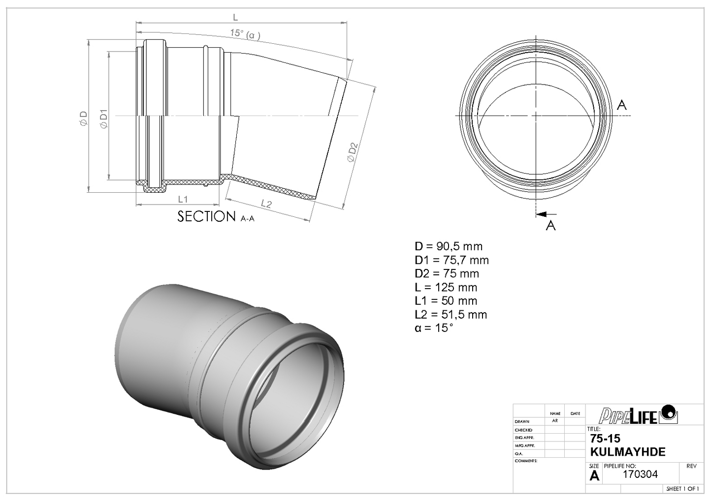 Kulmayhde Pipelife HT 75x15 Pp