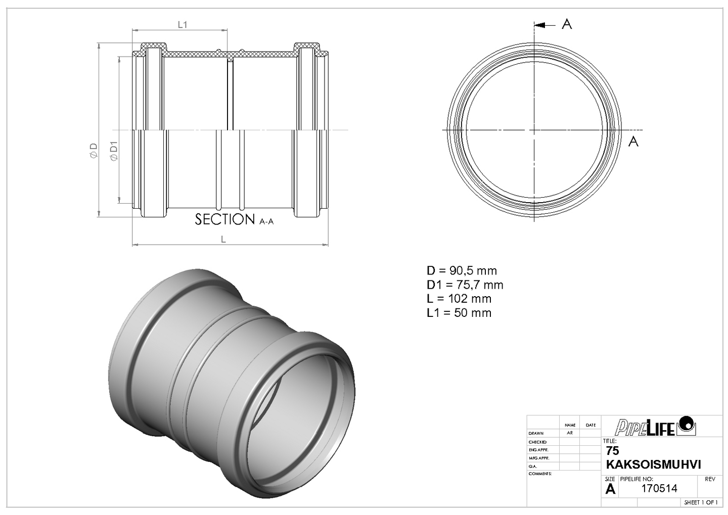 Viemärin Kaksoismuhvi Pipelife 75 Pp