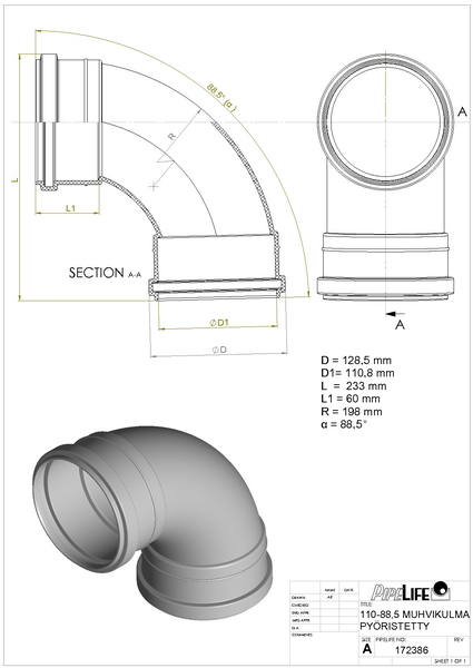 Muhvikulma Pipelife 110x88,5 pyöristetty PP