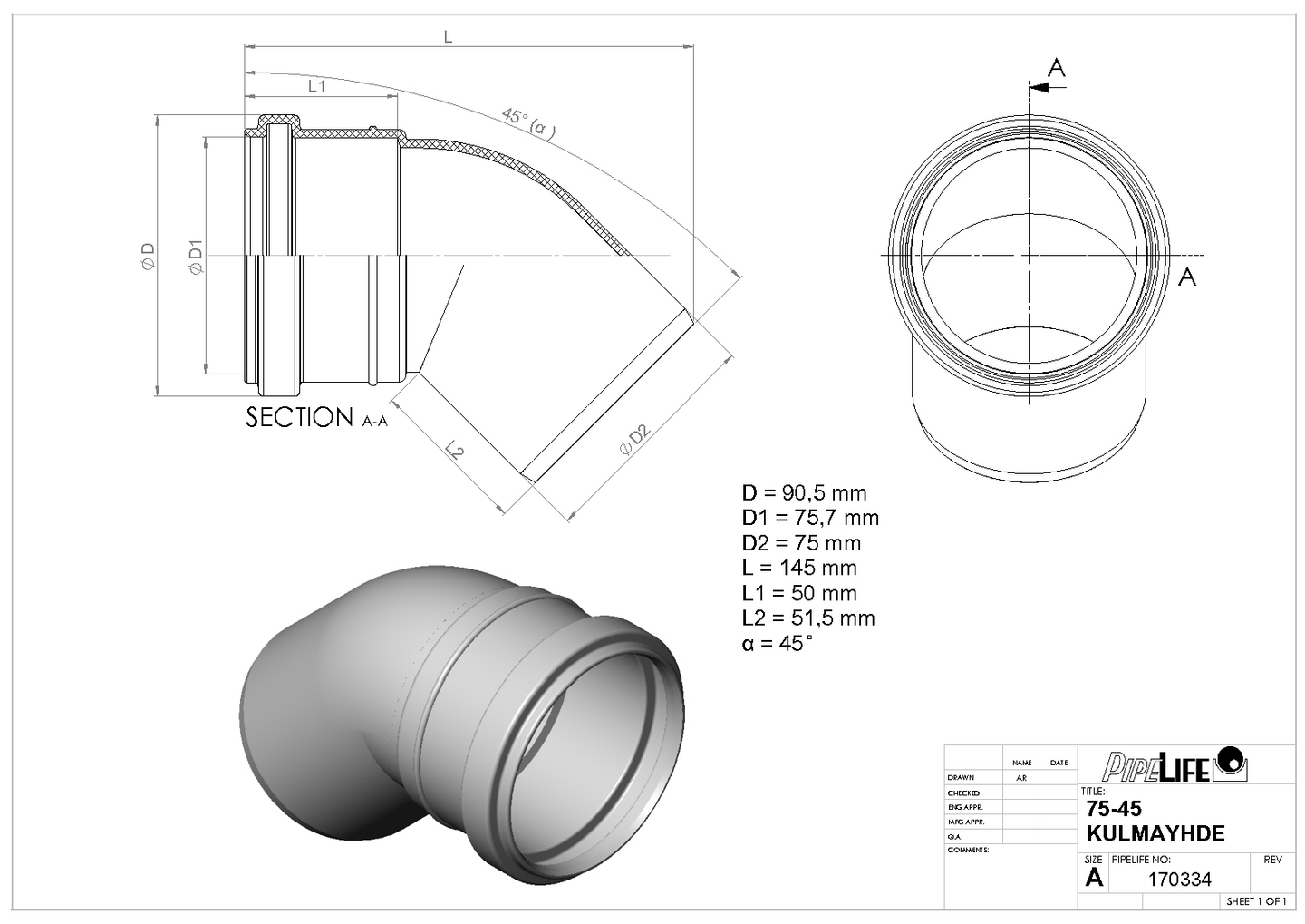 HT-kulmayhde Pipelife 75x45
